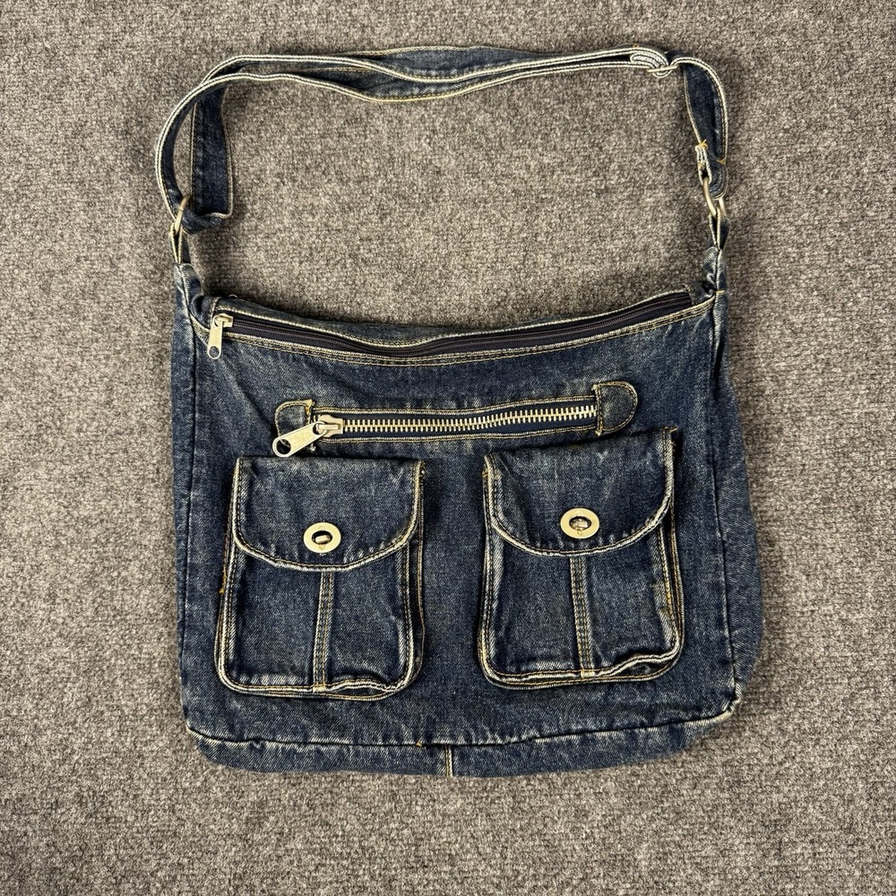 Vintage Y2K Denim Cargo Shoulder Bag Multi Pocket Crossbody Blue Jean Purse 90s